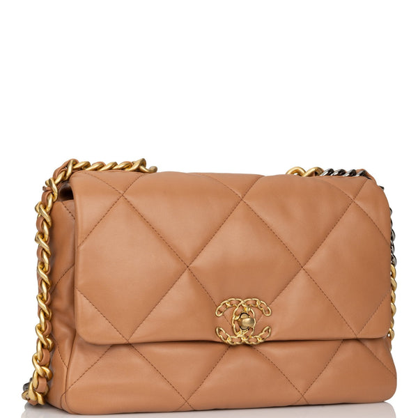 Chanel Caramel Quilted Lambskin Medium 19 Bag Gold And Silver