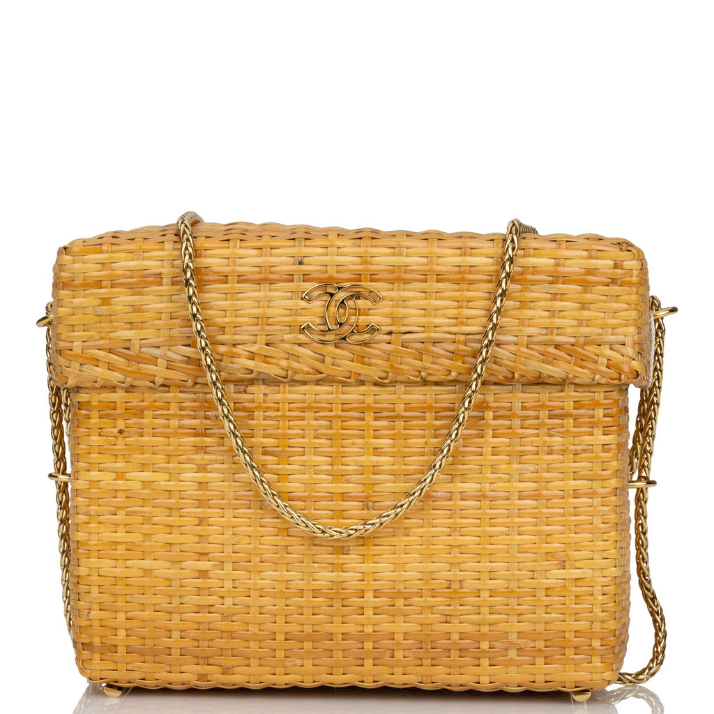 Vintage Chanel Small Picnic Basket Bag Natural Wicker Gold Hardware