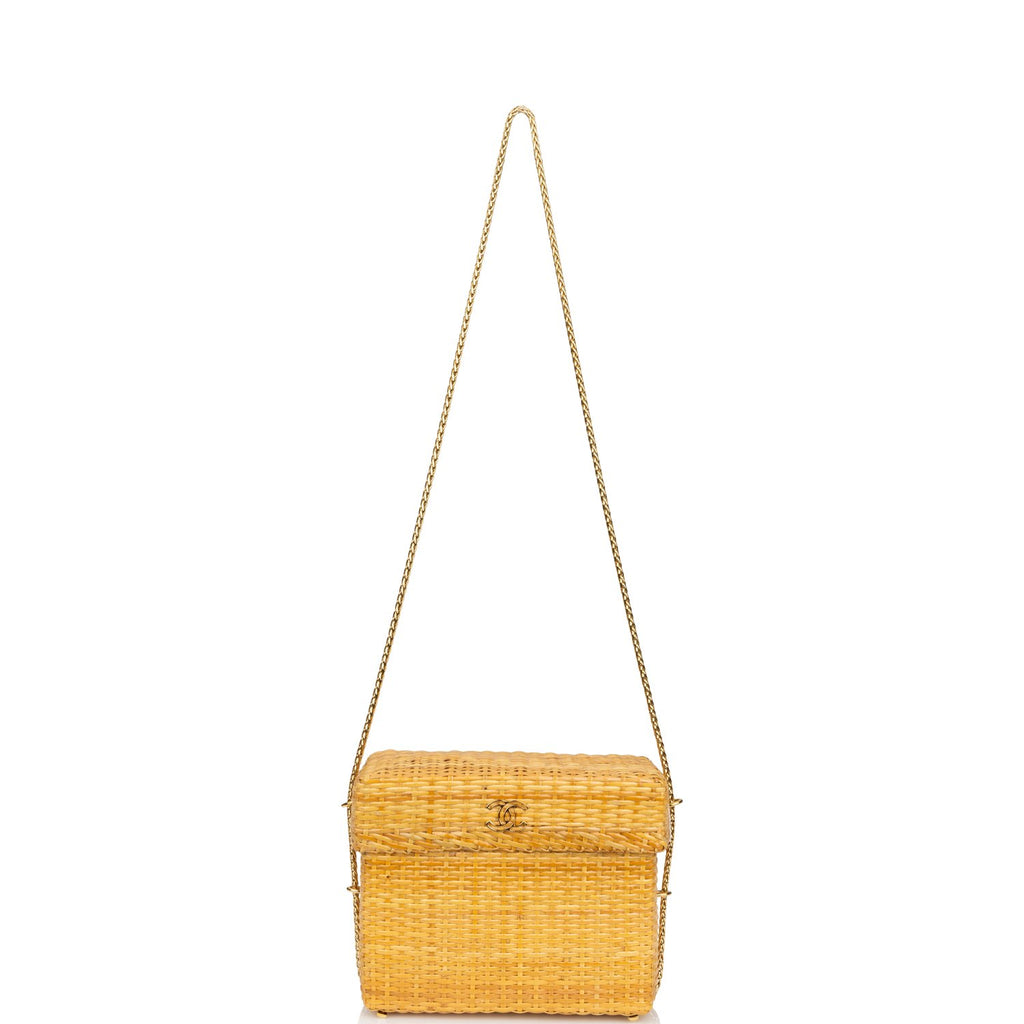 Vintage Chanel Small Picnic Basket Bag Natural Wicker Gold Hardware