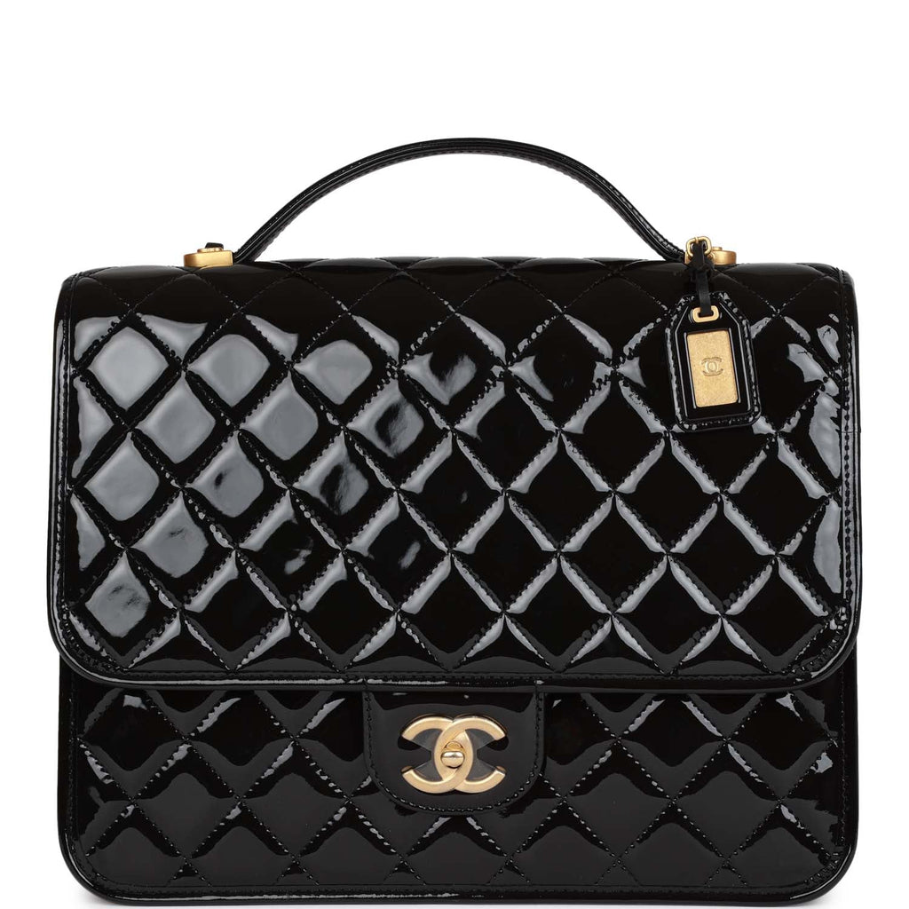 chanel vintage large 2.55 leather backpack Chanel Large Flap Backpack Black Patent Antique Gold Hardware