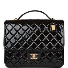 Chanel Large Flap Backpack Black Patent Antique Gold Hardware