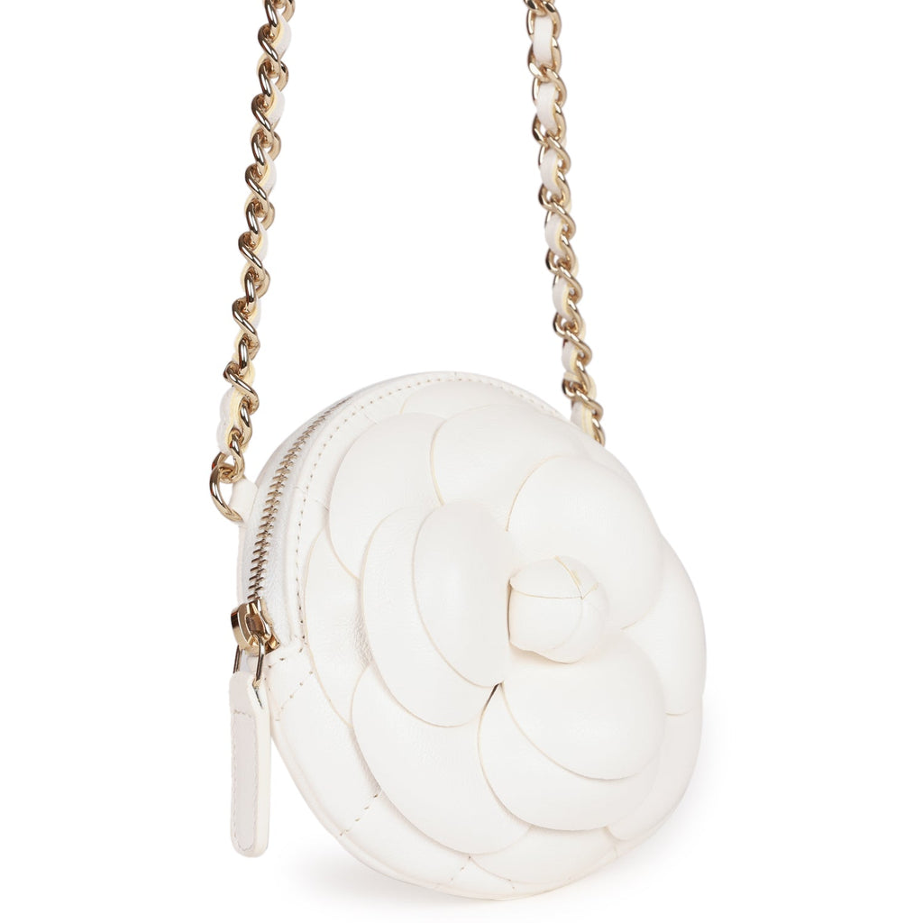 CHANEL Gold Quilted Lambskin Camellia Bouquet Round Clutch with Chain