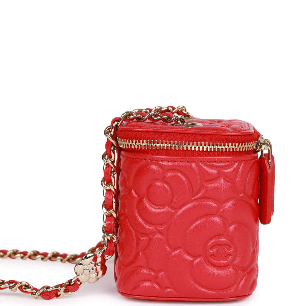 Chanel Camellia Mini Vanity Case Red Lambskin Light Gold Hardware