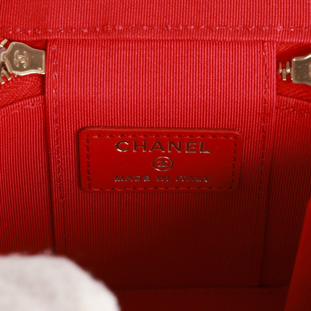 Chanel Camellia Mini Vanity Case Red Lambskin Light Gold Hardware