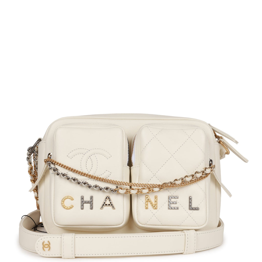 CHANEL Calfskin Quilted Enchained Camera Case Bag White 864426