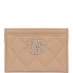 Chanel Card Holder Wallet Beige Caviar Crystal and Light Gold Hardware