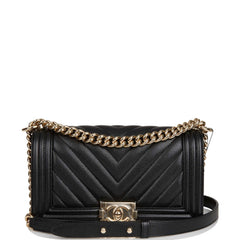 Chanel Medium Boy Bag Black Chevron Caviar Light Gold Hardware