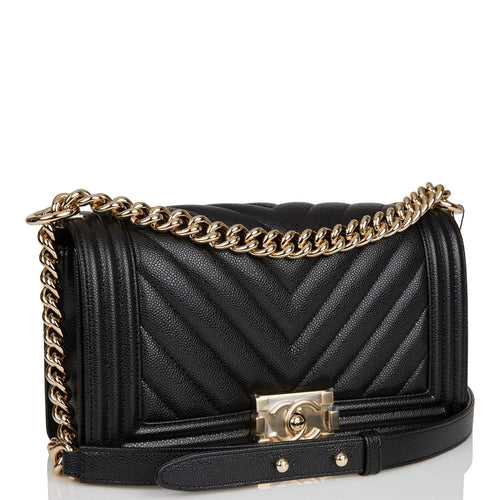 Chanel Medium Boy Bag Black Chevron Caviar Light Gold Hardware