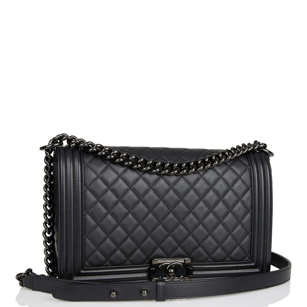 Chanel Black Leather Tweed Boy Flap Handbag