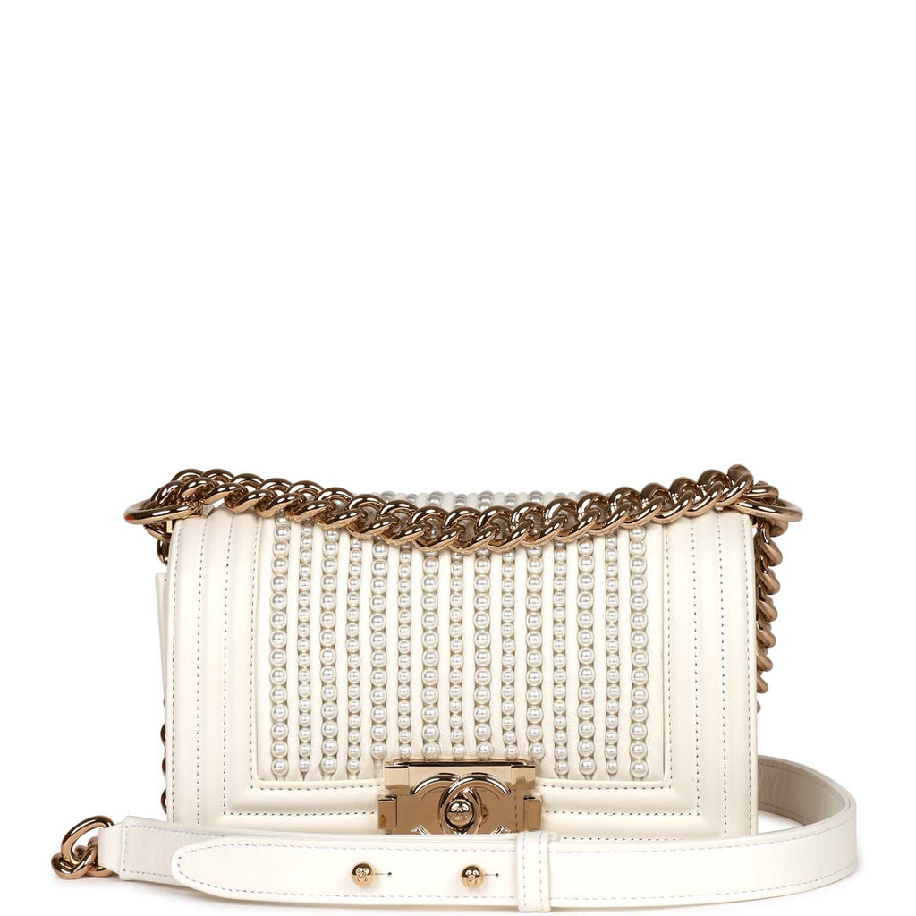 Chanel Small Boy Bag White Calfskin with Imitation Pearls Light Gold H