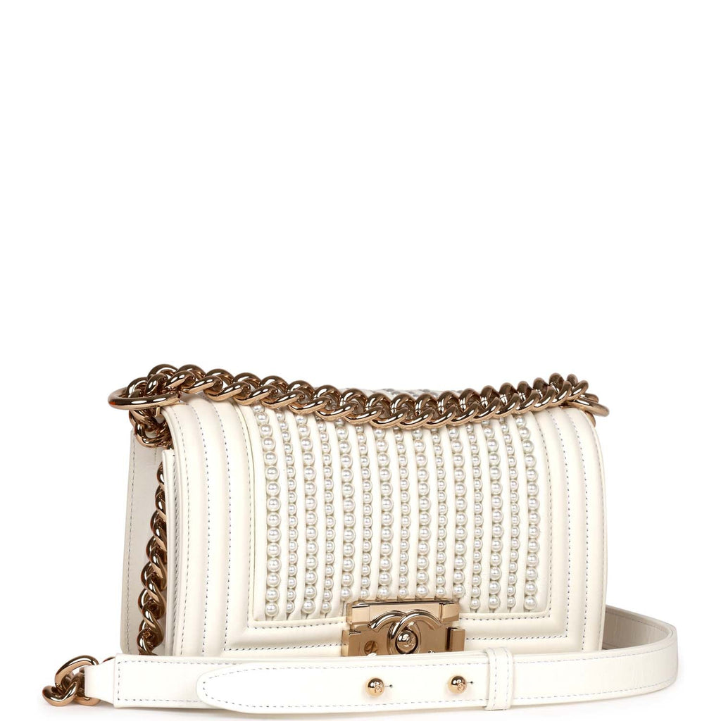 Chanel Small Boy Bag White Calfskin with Imitation Pearls Light Gold H –  Madison Avenue Couture