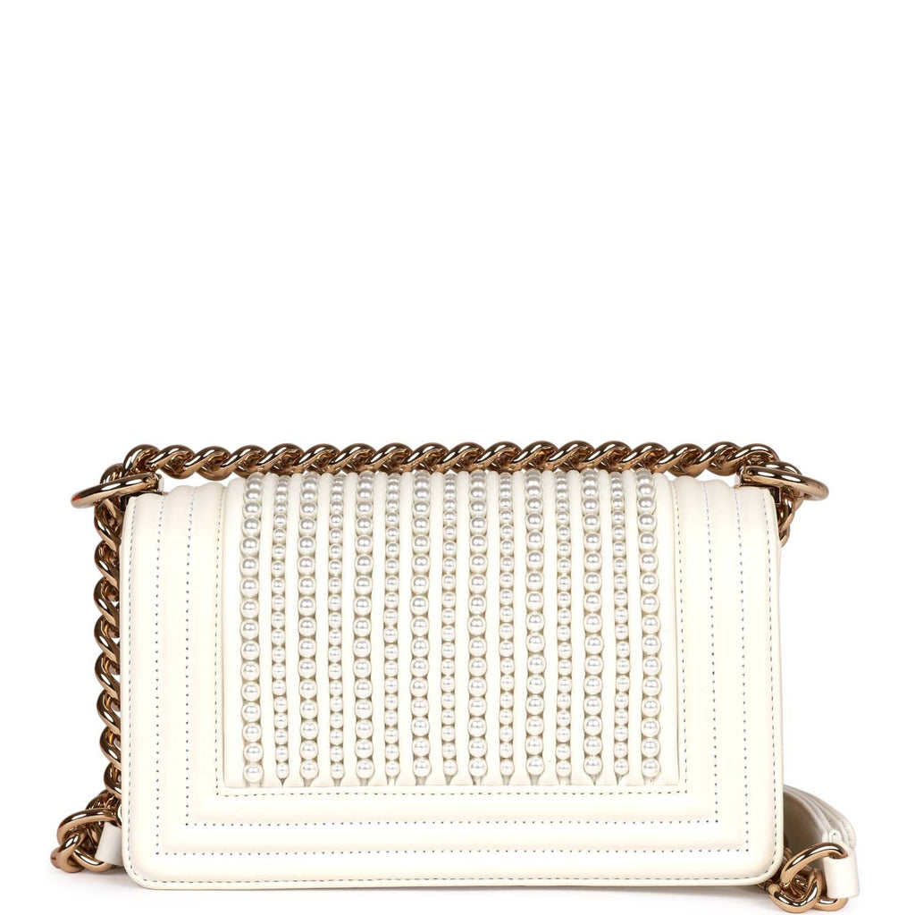 Chanel Small Boy Bag White Calfskin with Imitation Pearls Light Gold Hardware