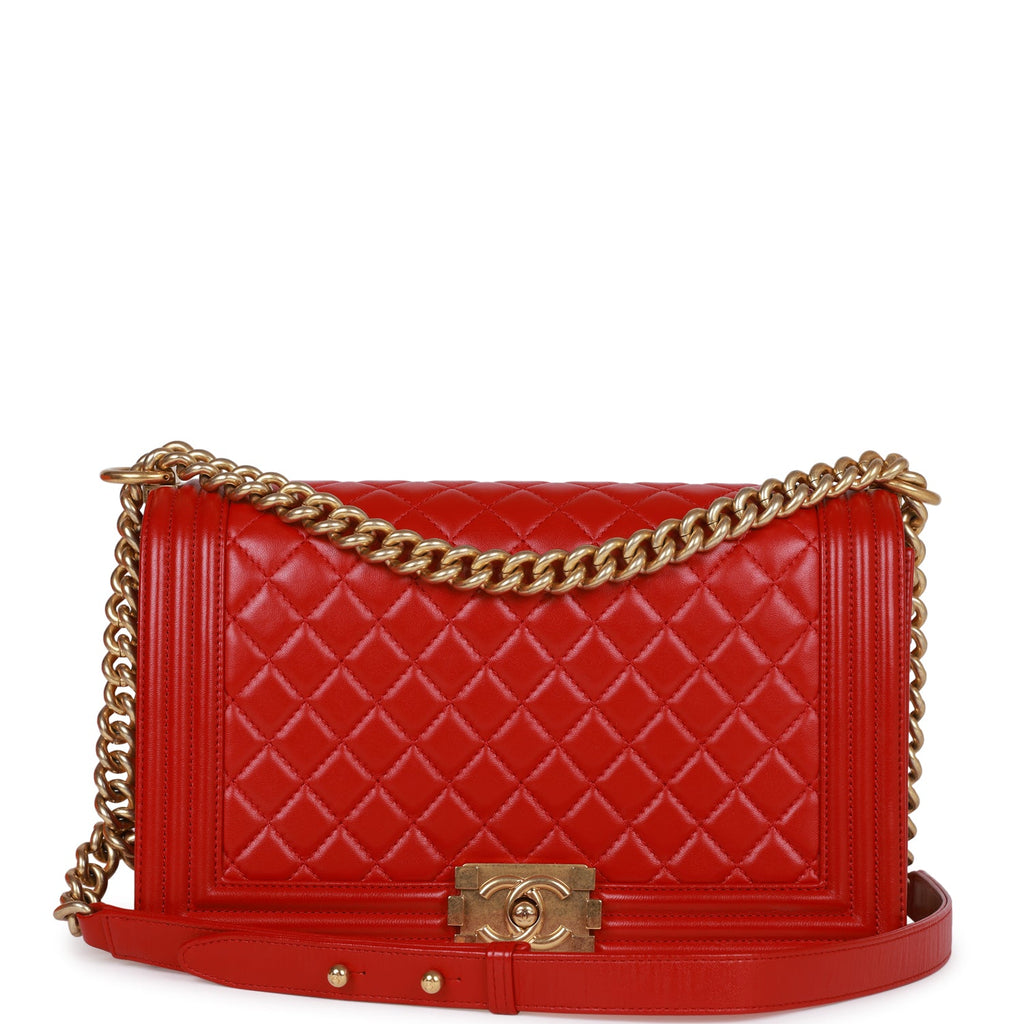 Pre-owned Chanel New Medium Boy Bag Red Lambskin Antique Gold