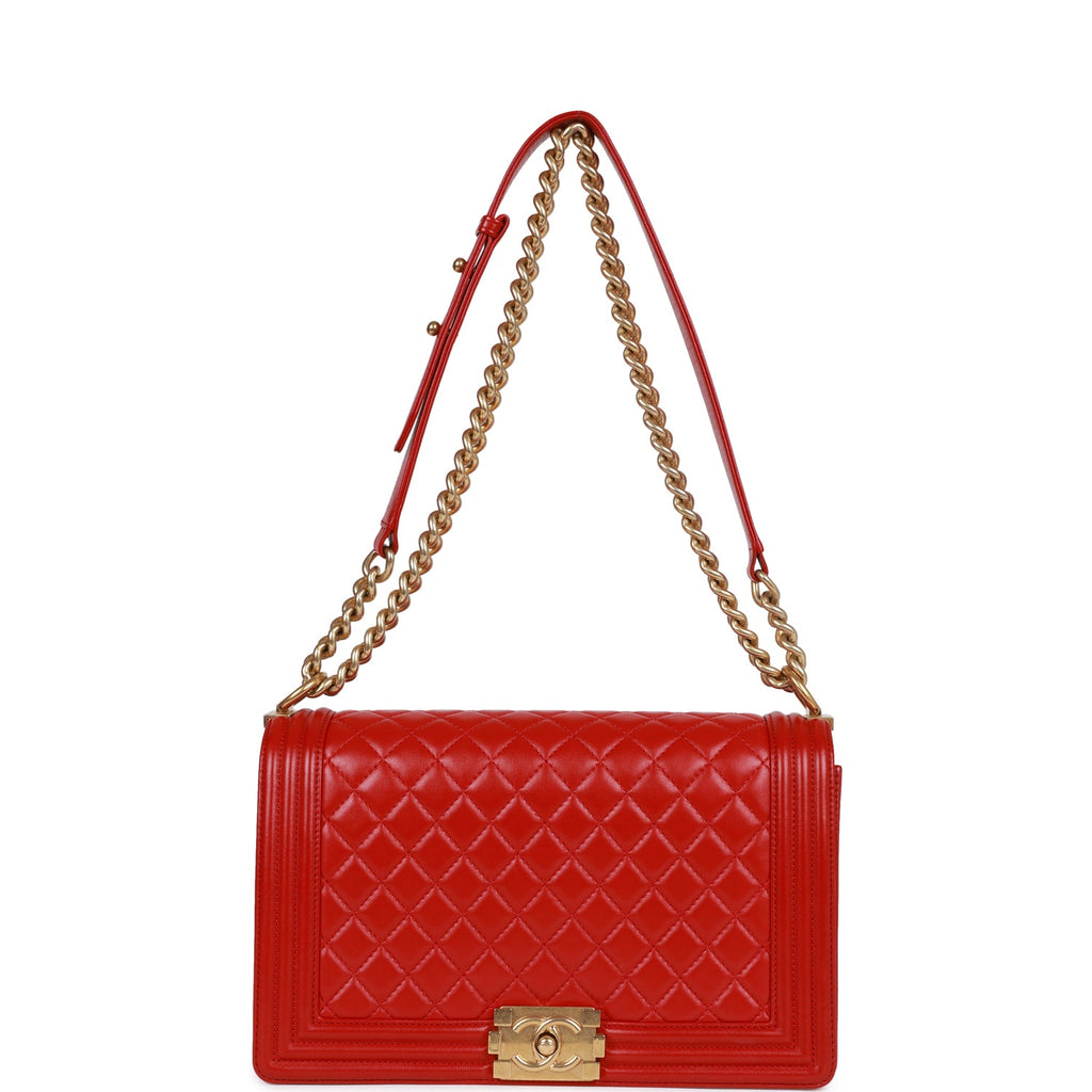 Pre-owned Chanel New Medium Boy Bag Red Lambskin Antique Gold