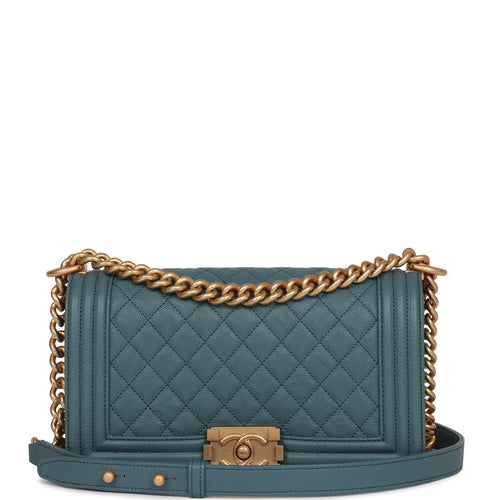 Chanel Medium Boy Bag Blue Caviar Antique Gold Hardware