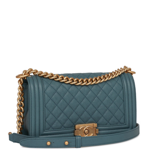 Chanel Medium Boy Bag Blue Caviar Antique Gold Hardware