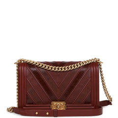 Pre-owned Chanel New Medium Boy Bag Burgundy Chevron Antique Gold Hardware