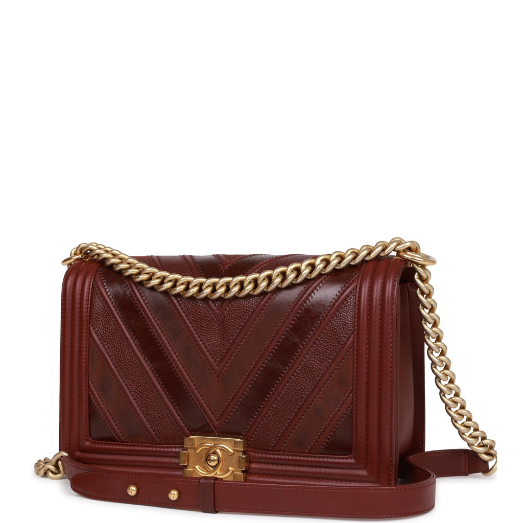 Pre-owned Chanel New Medium Boy Bag Burgundy Chevron Antique Gold Hard ...