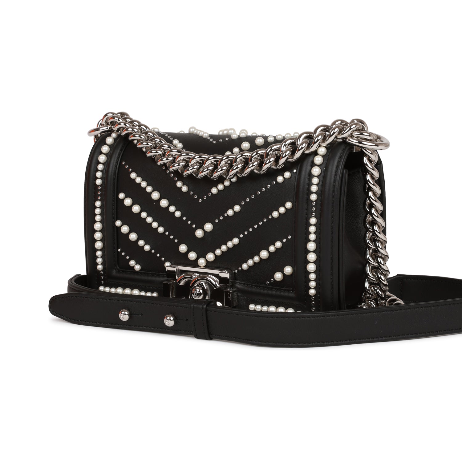 Chanel Small Boy Bag Black Calfskin and Pearl Silver Hardware Madison