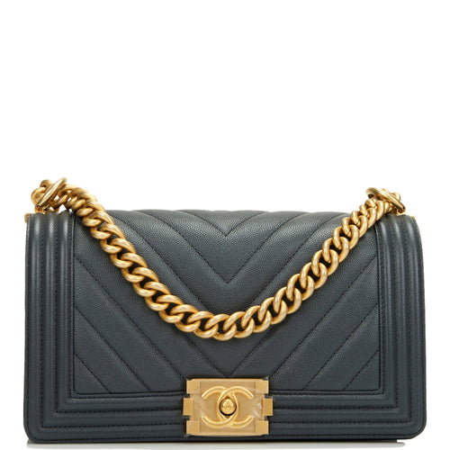 Chanel Medium Boy Bag Dark Grey Chevron Caviar Antique Gold Hardware