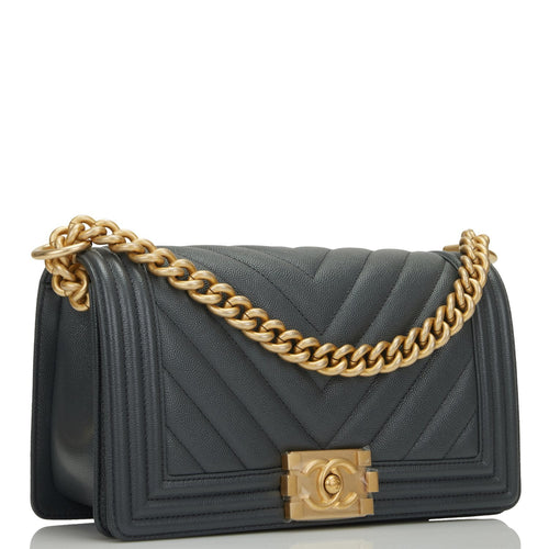 Chanel Medium Boy Bag Dark Grey Chevron Caviar Antique Gold Hardware