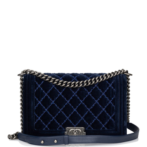 Pre-owned Chanel Large Boy Bag Blue Velvet Ruthenium Hardware