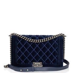 Pre-owned Chanel Large Boy Bag Blue Velvet Ruthenium Hardware