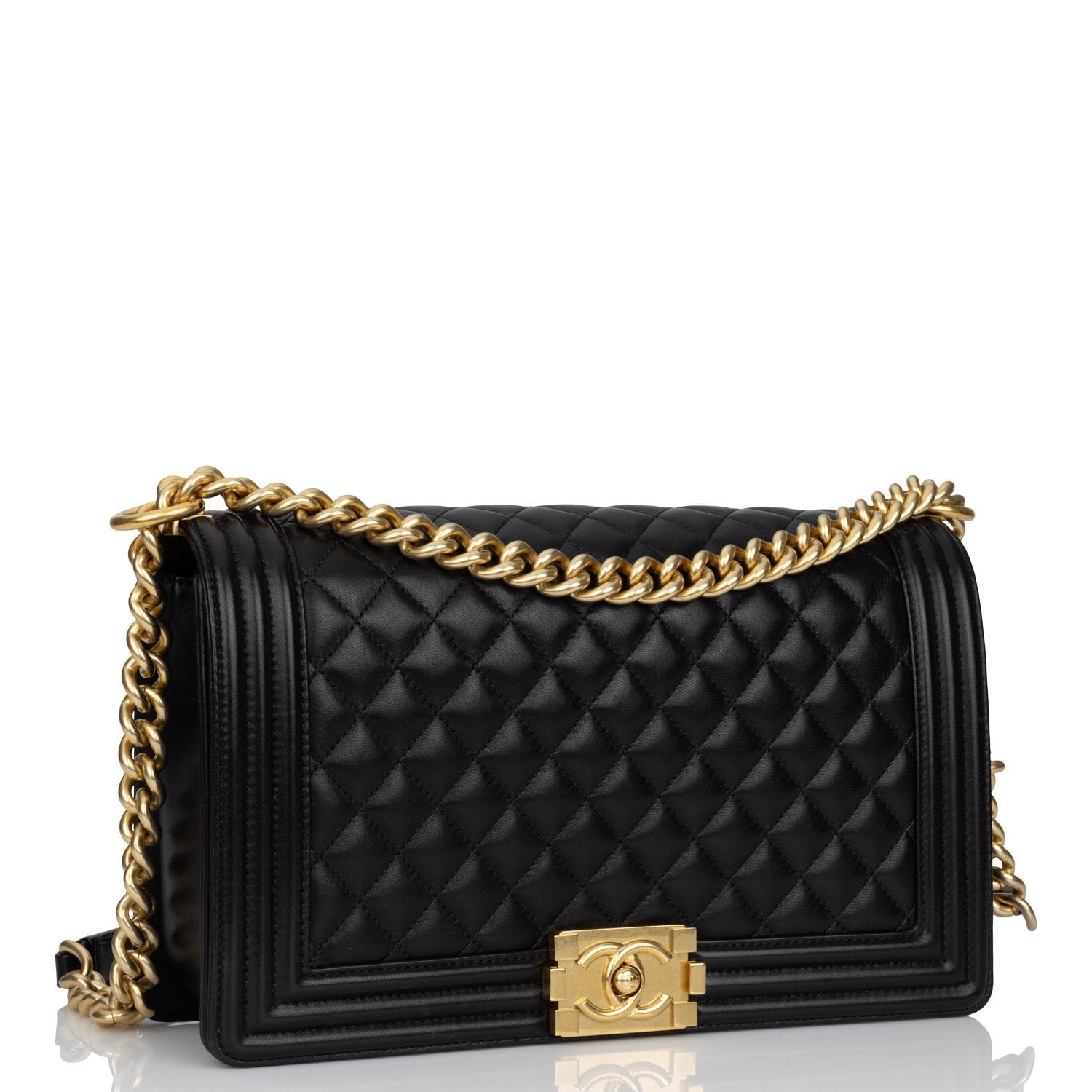 Pre-owned Chanel New Medium Boy Bag Black Lambskin Antique Gold Hardwa ...