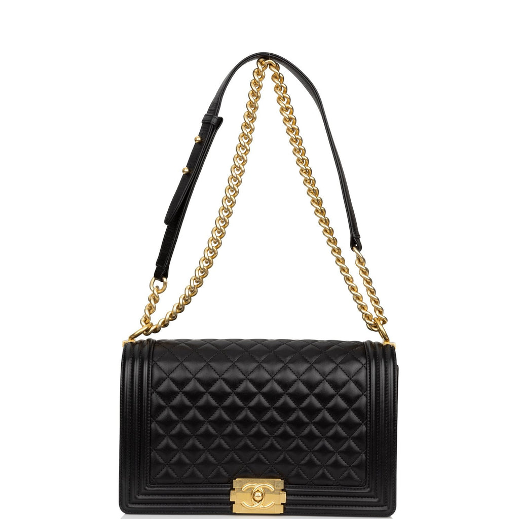 Pre-owned Chanel New Medium Boy Bag Black Lambskin Antique Gold Hardware