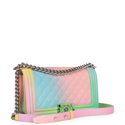 Chanel Medium Boy Bag Rainbow Caviar Silver Hardware