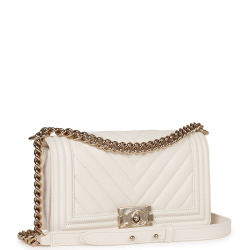 Chanel Medium Boy White Chevron Caviar Light Gold Hardware