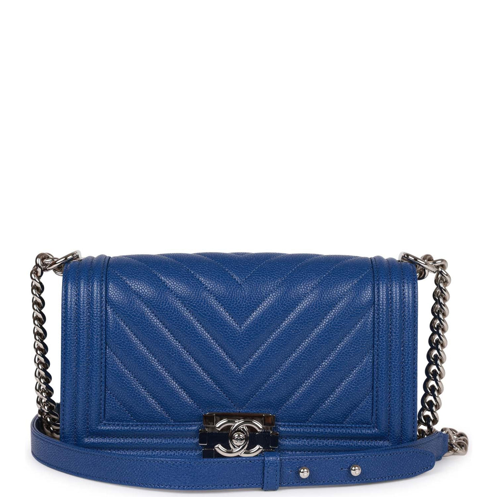 Chanel Medium Boy Bag Blue Chevron Caviar Silver Hardware