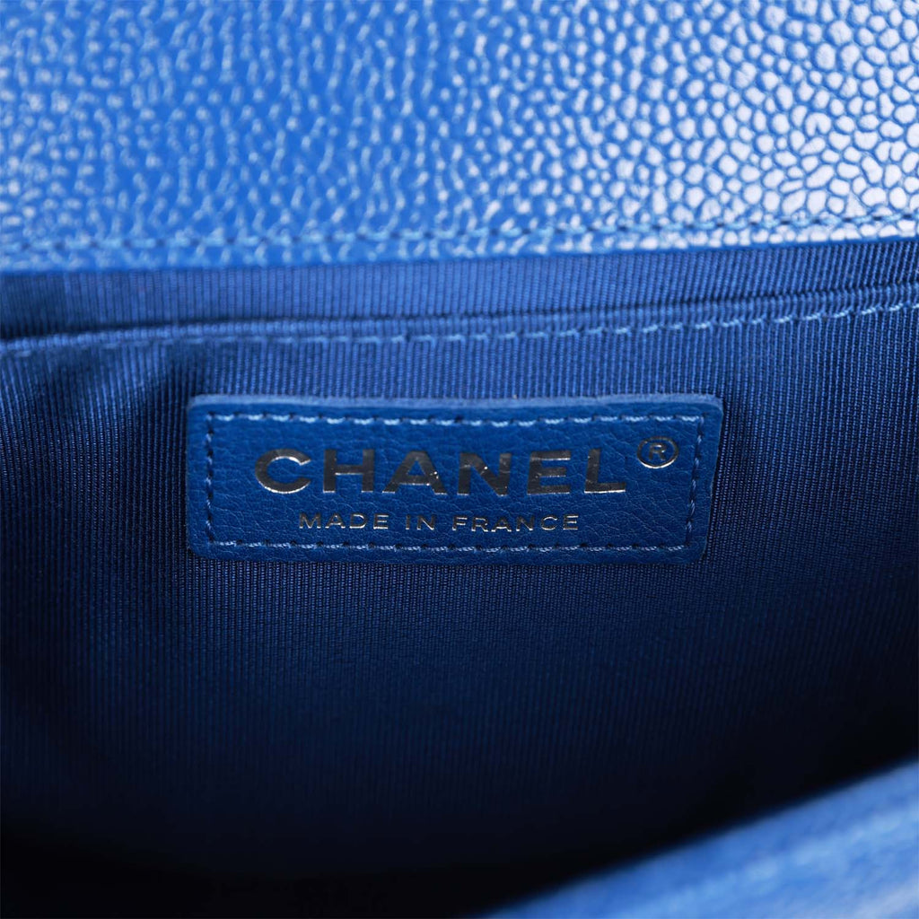 Chanel Medium Boy Bag Blue Chevron Caviar Silver Hardware