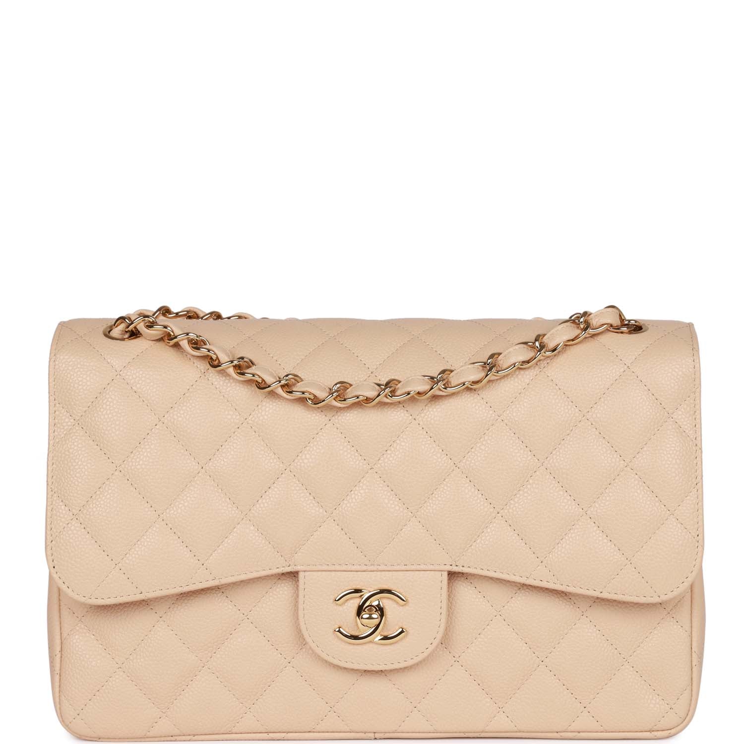 Pre-owned Chanel Jumbo Classic Double Flap Bag Beige Clair Caviar Gold ...