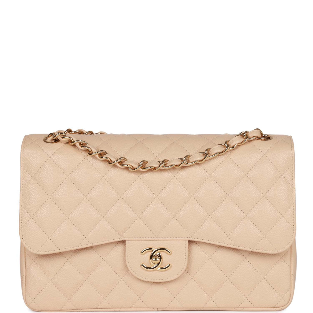 Pre-owned Chanel Jumbo Classic Double Flap Bag Beige Caviar Gold