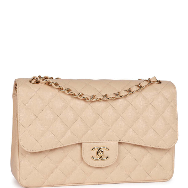 Chanel Beige Caviar Leather Jumbo Classic Flap Bag ○ Labellov