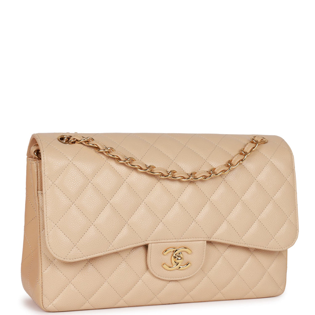 Chanel Caviar Quilted Jumbo Double Flap Beige Gold Hardware