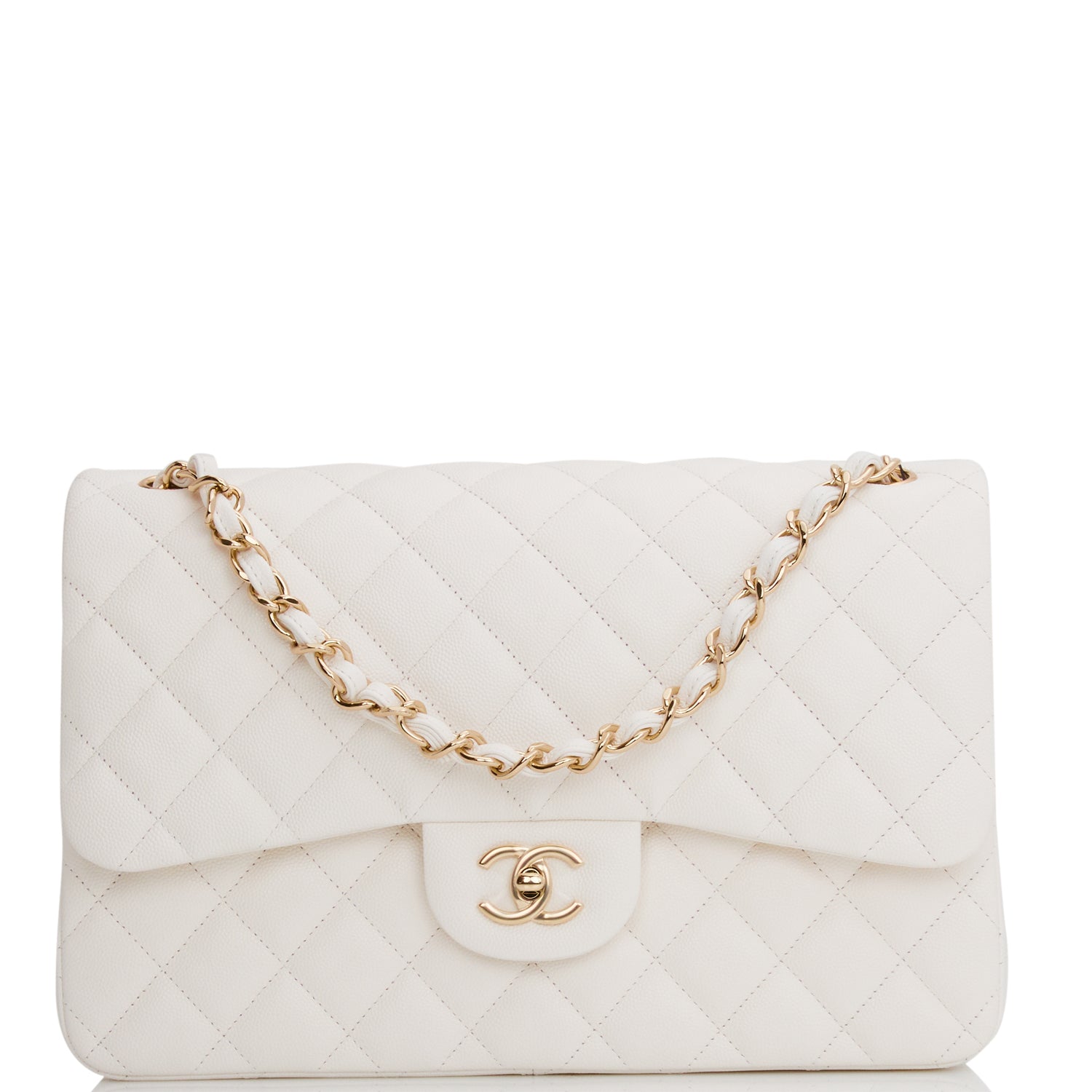 Chanel Jumbo Classic Double Flap Bag White Caviar Light Gold Hardware ...