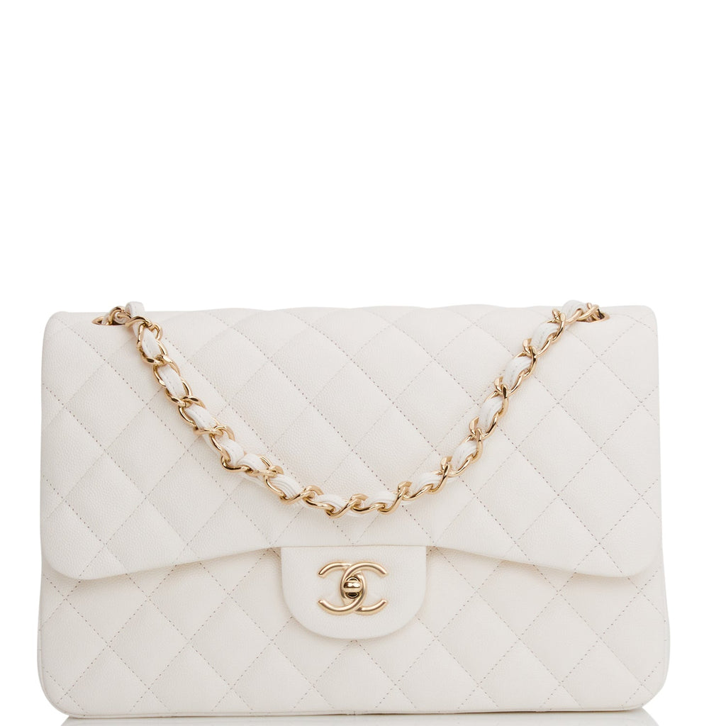 Chanel Jumbo Double Flap Quilted Caviar Leather Shoulder Bag White