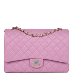 Chanel Maxi Classic Double Flap Bag Dark Pink Caviar Light Gold Hardware