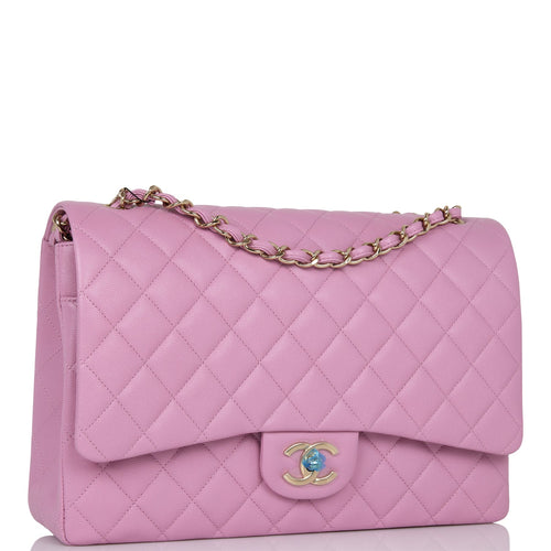 Chanel Maxi Classic Double Flap Bag Dark Pink Caviar Light Gold Hardware