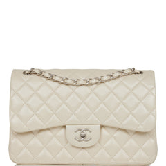 Chanel Jumbo Classic Double Flap Bag White Iridescent Caviar Silver Hardware