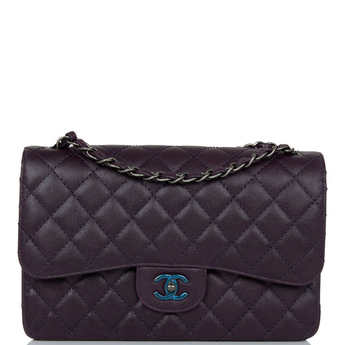 Chanel Jumbo Classic Double Flap Bag Dark Purple Caviar Ruthenium Hardware