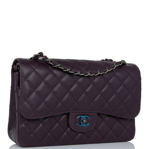 Chanel Jumbo Classic Double Flap Bag Dark Purple Caviar Ruthenium Hardware