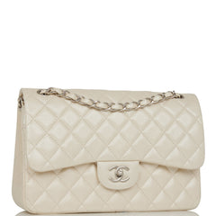 Chanel Jumbo Classic Double Flap Bag White Iridescent Caviar Silver Hardware