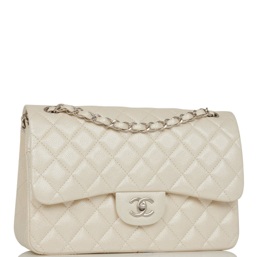 Chanel Jumbo Classic Double Flap Bag White Iridescent Caviar Silver Hardware