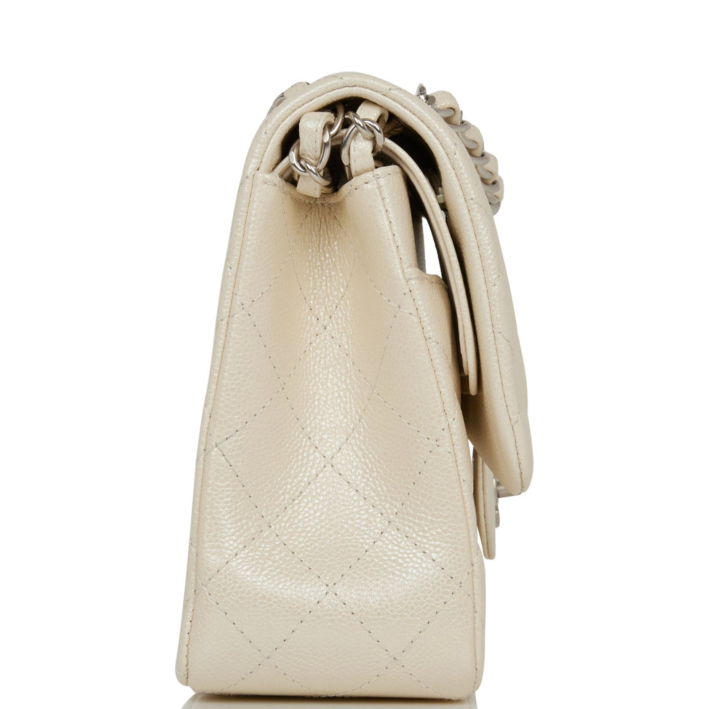 Chanel Jumbo Classic Double Flap Bag White Iridescent Caviar Silver Hardware