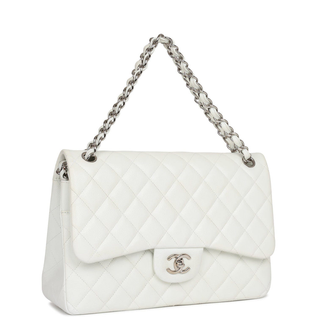 Chanel White Quilted Caviar Classic Medium Double Flap Bag Pale Gold Hardware (Like New)