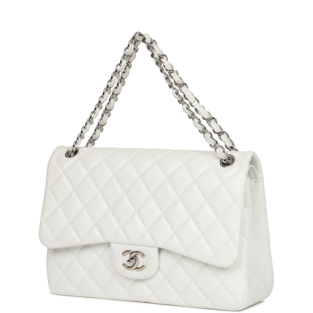 Chanel White Quilted Caviar Jumbo Classic Double Flap Bag