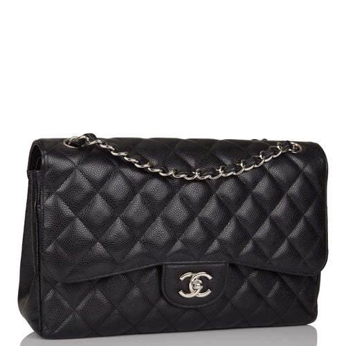 Pre-owned Chanel Jumbo Classic Double Flap Bag Black Caviar Silver Hardware